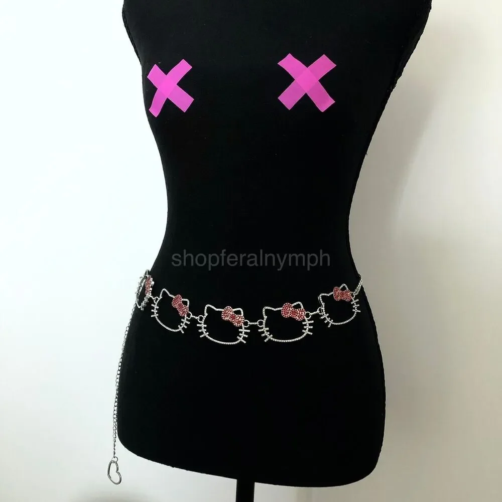 Y2K Kawaii Rhinestone Hello Kitty Chain Belt, Fits 13–37.5 Inches, X7GA1219